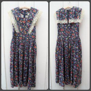 Cottagecore Floral Sailor Dress - Size 12 Navy Floral Cotton Dress with Pockets